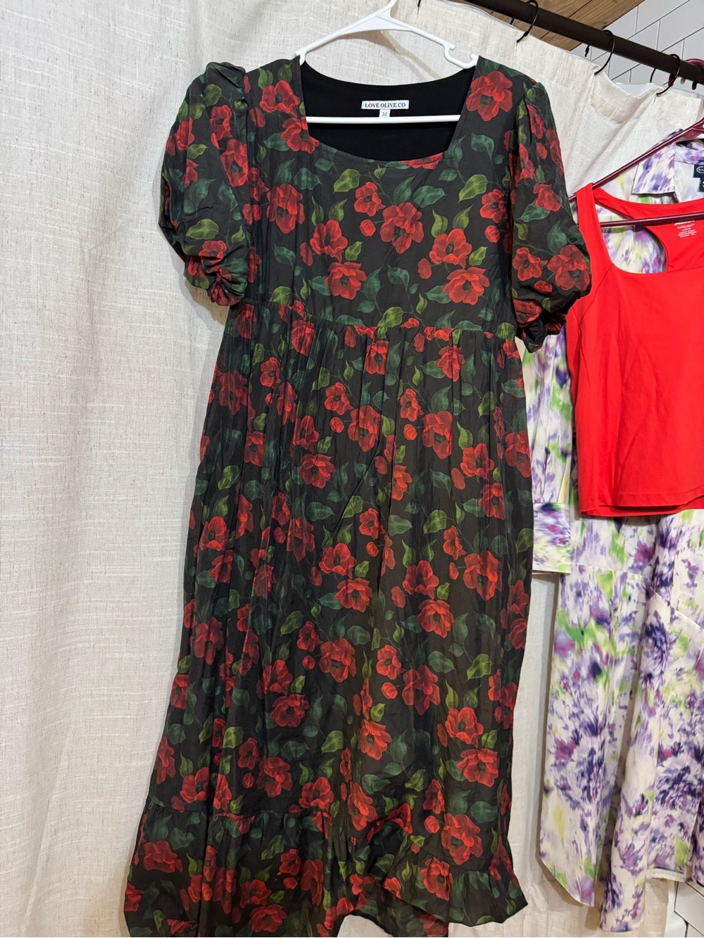 love, Fire Black Midi Dress with Red Floral Print